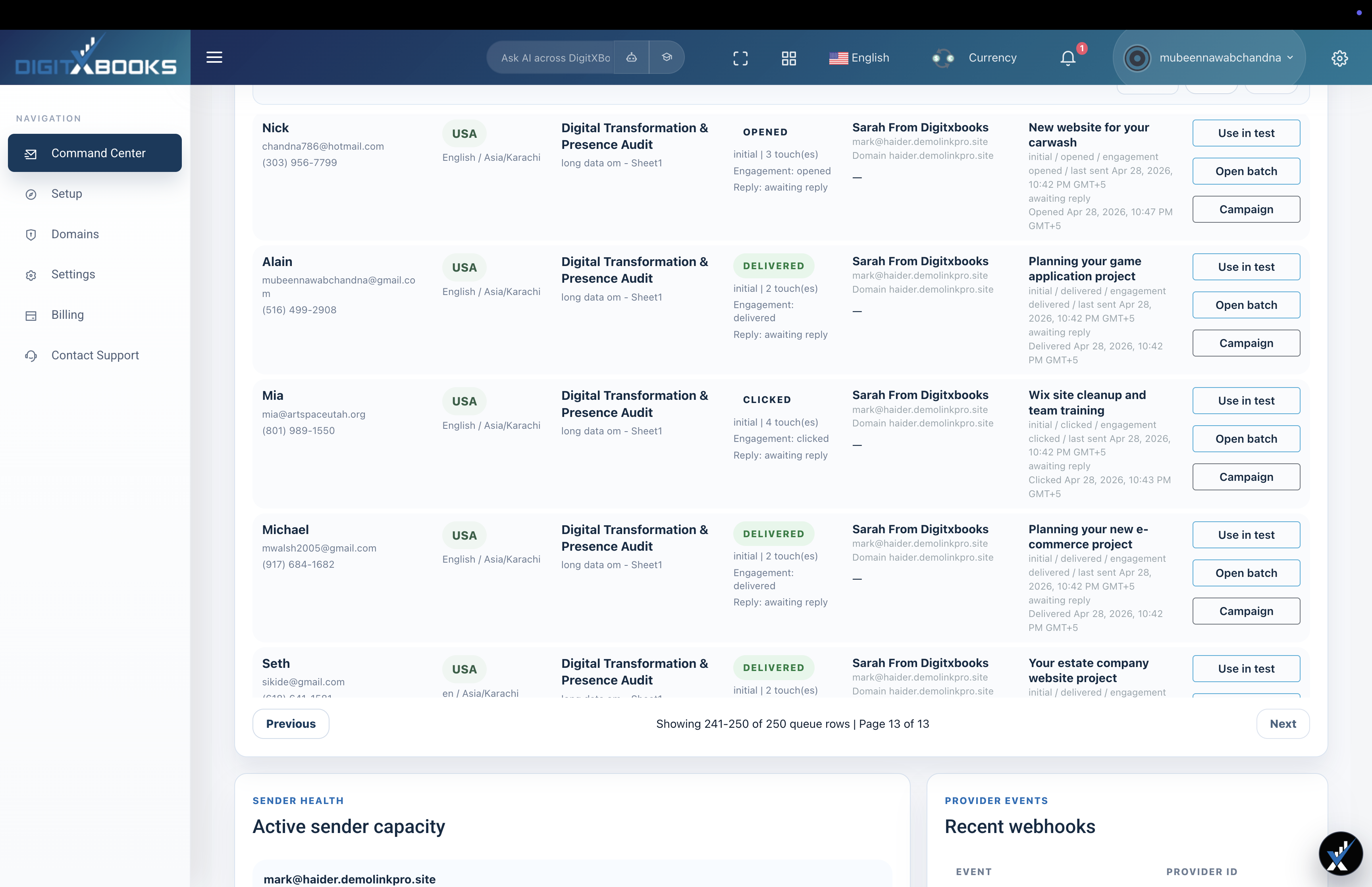 DigitXBooks email marketing tracking table showing opened, delivered, clicked, and reply statuses