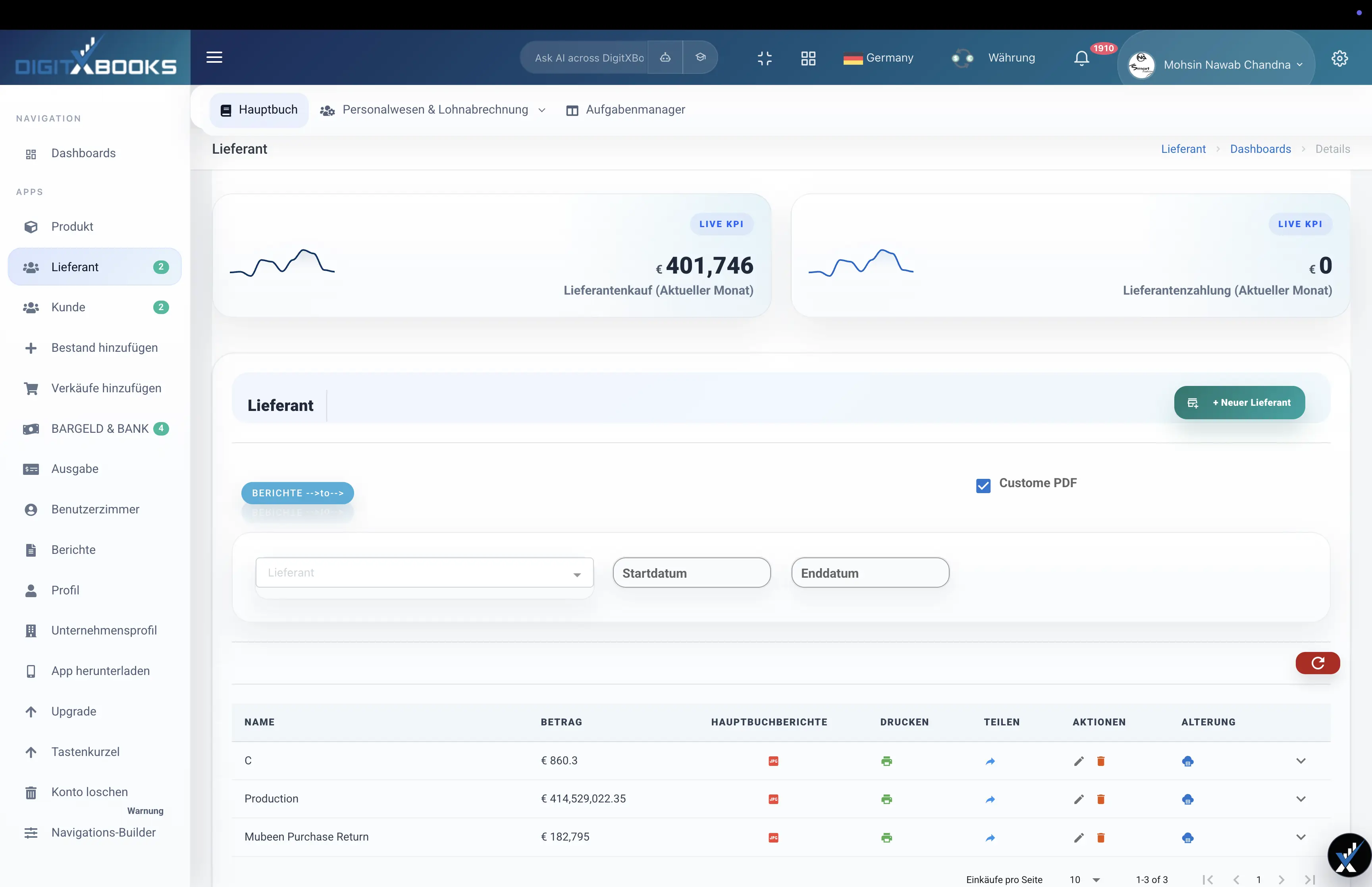 Einkaufs- und Lieferantensoftware workflow screen