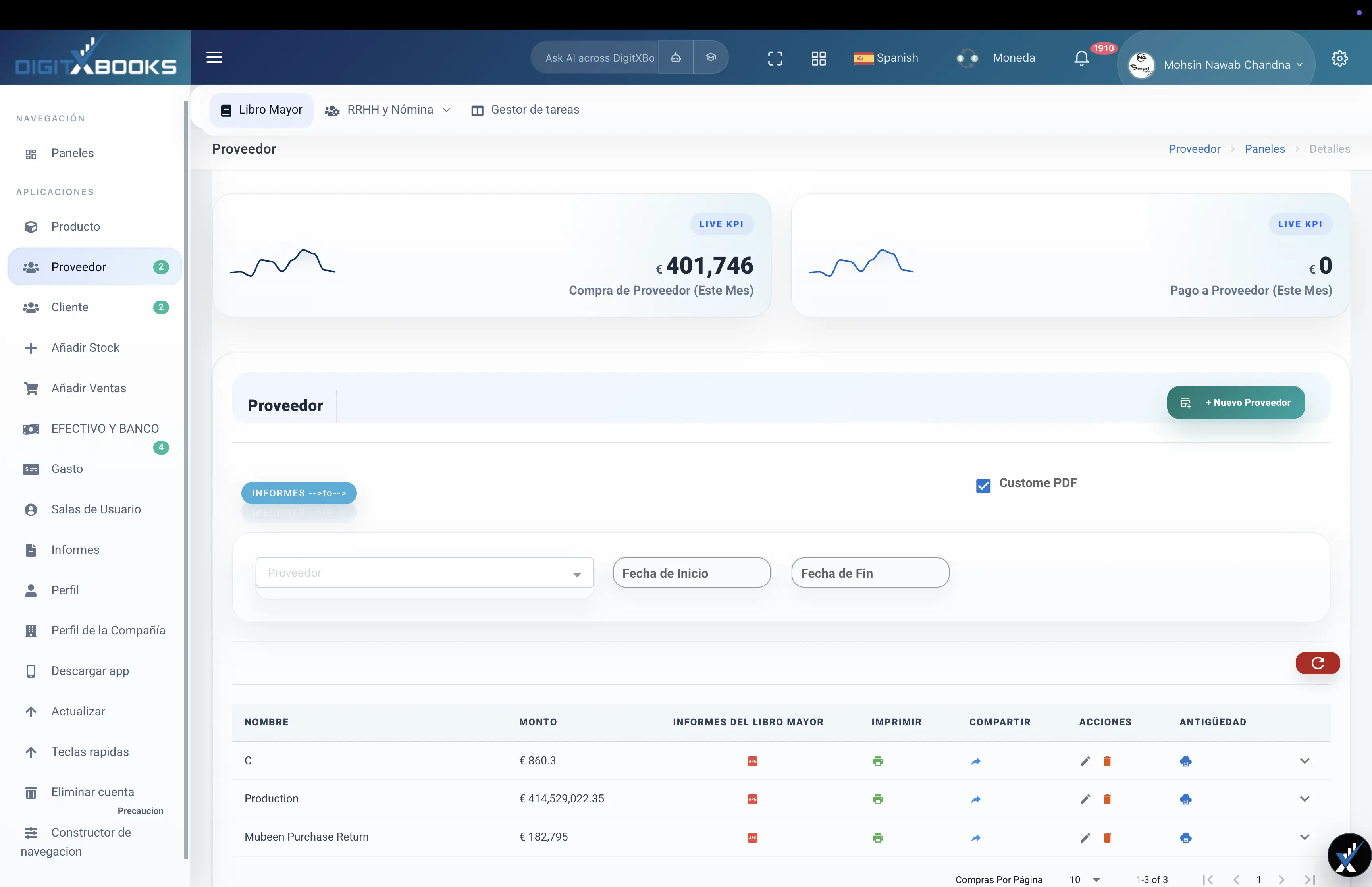 Software de compras y proveedores workflow screen